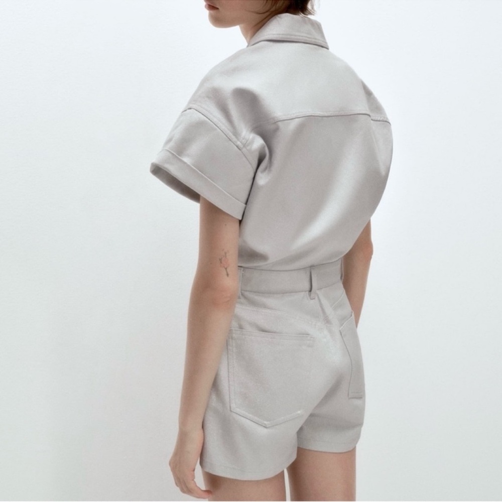 Zara denim short sleeve romper. Dusty Blue Gray with shimmer. NWT - Picture 2 of 6